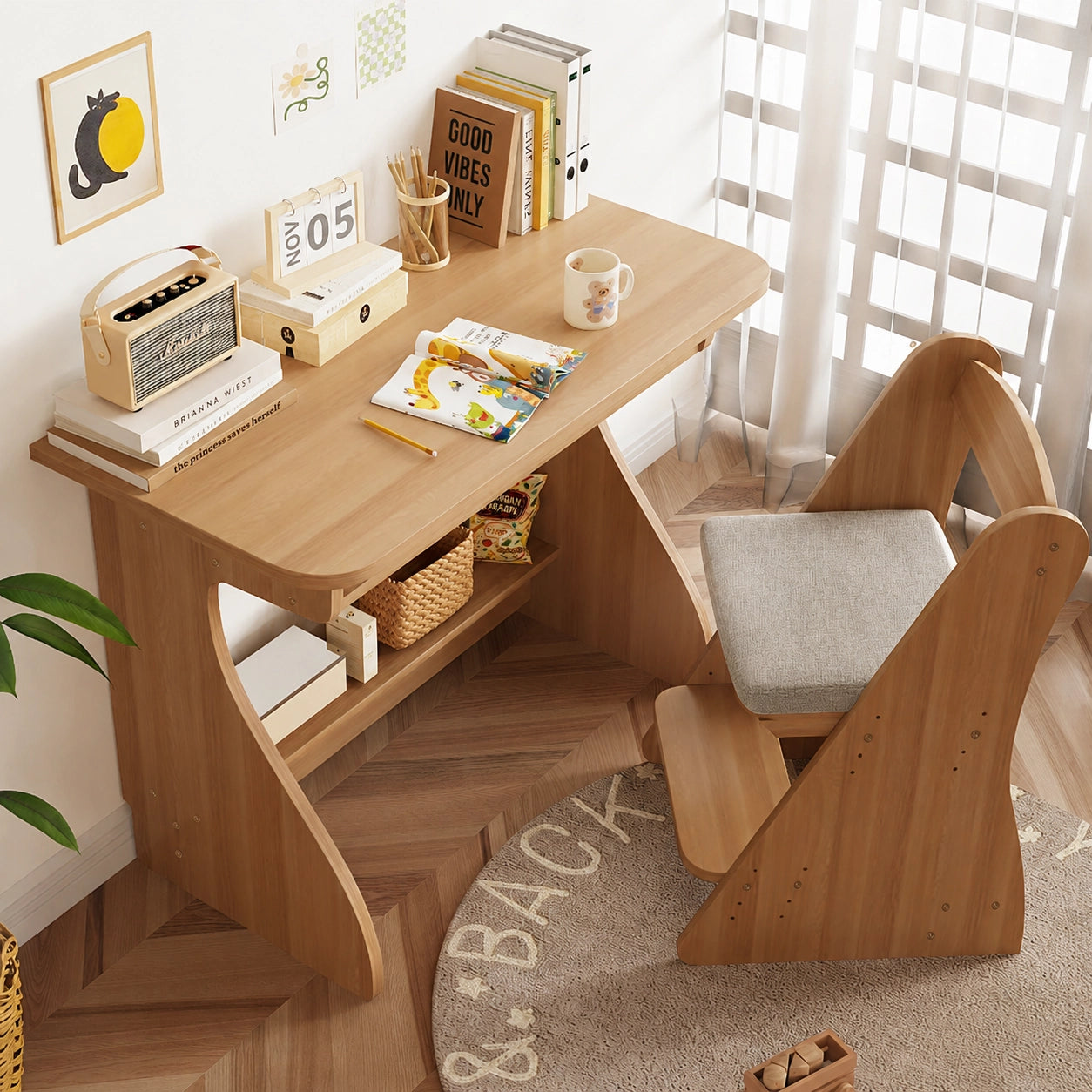Children’s Study Desk and Adjustable Chair Set, Pine-Core Engineered Wood