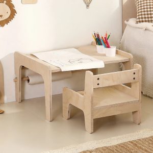 Kids Activity Table and Chair Set with Paper Roll Holder, Marine Plywood