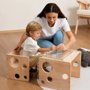 Multifunctional Montessori Cube Set, Solid Rubber Wood