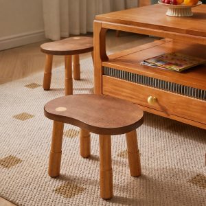 Two-Tone Bean-Shaped Low Stool, Solid Rubber Wood